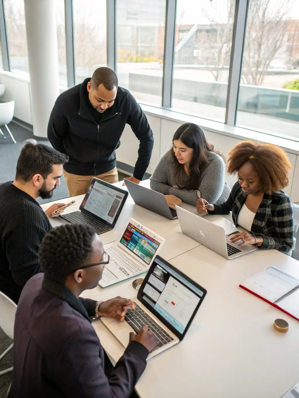 A diverse team of AI specialists collaborating on a project, showcasing the expertise and dedication behind NewWayz AI's services, used to build trust and credibility.